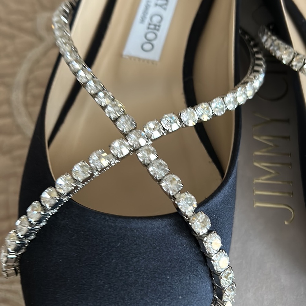 Jimmy Choo Black Satin Pointed Flats with Crystal Cross-Strap Detail - Picture 3 of 8